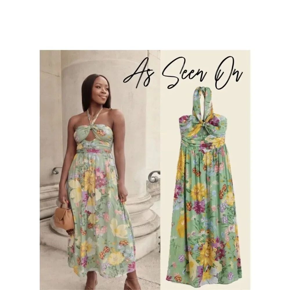 H&M Green Floral Halter Neck Midi Maxi Cut Out Summer Dress SIZE L Vacation Boho - Picture 3 of 11